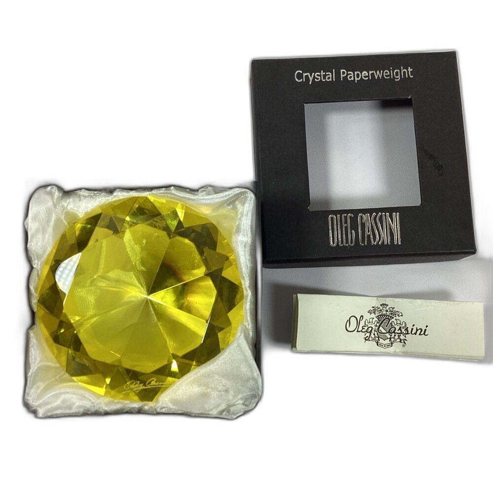 Yellow Crystal Diamond Paperweight Oleg Cassini New In Box